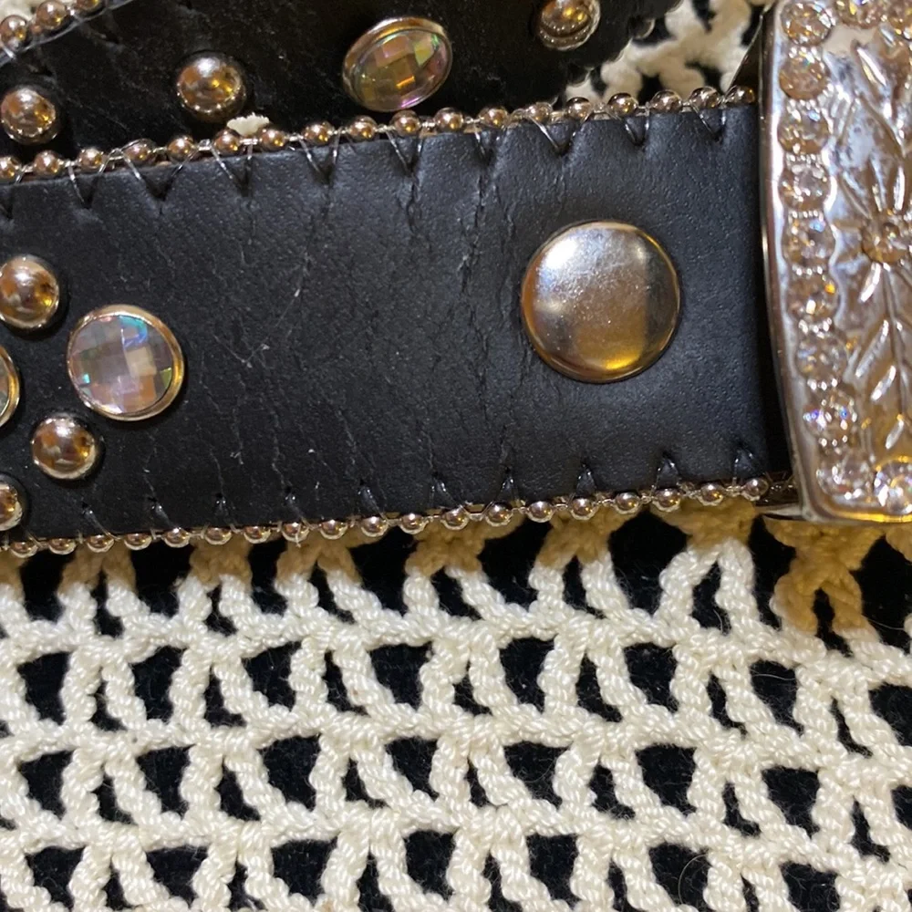 Nocona silvery western black belt with gems and hearts bling